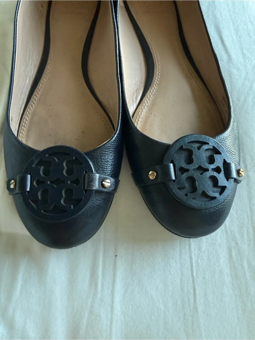 Tory Burch Navy Leather Logo Cutout Flats with Gold Studs